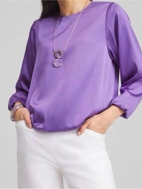 Chico’s Bubble Hem Satin Top 2.5 L Parisian Purple NWT